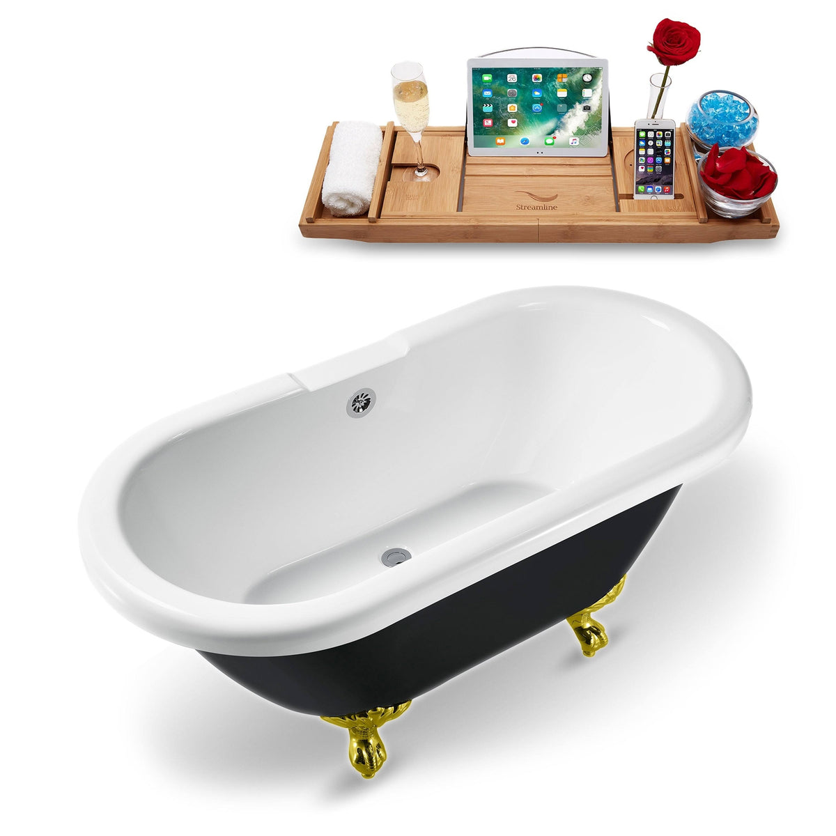 Clawfoot Tub and Tray with External Drain, Black P9449
