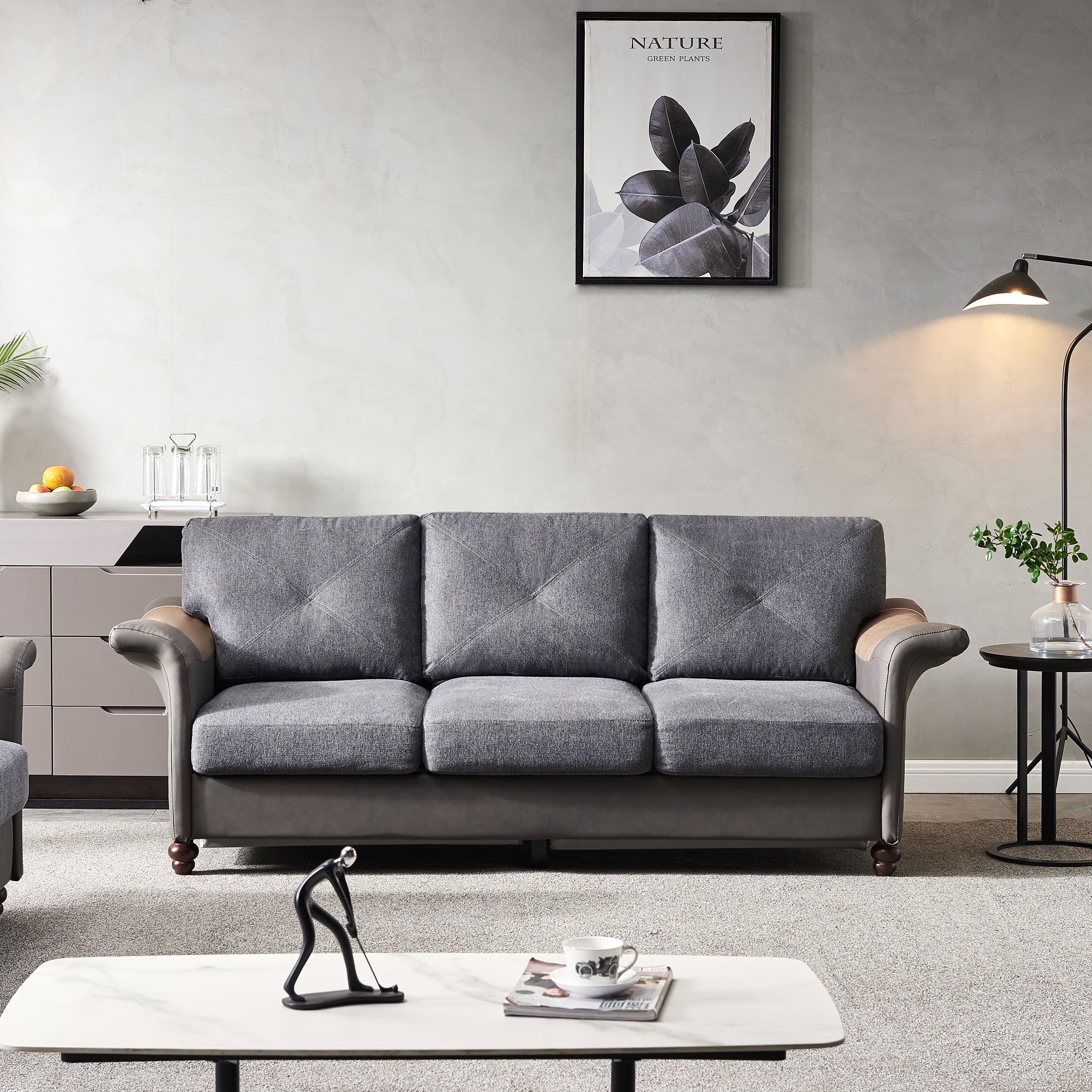 Dark Grey Linen Fabric Sofa with Wood Leg X223658
