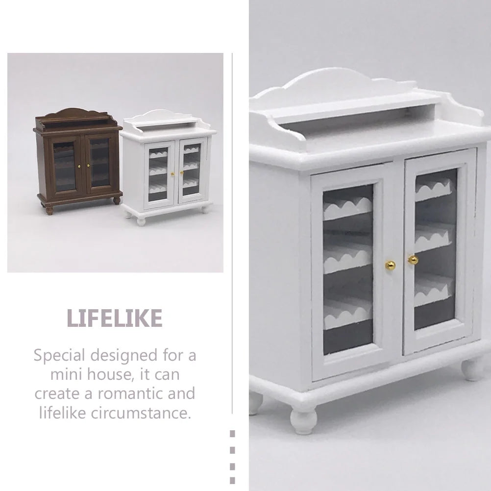 Miniature Wine Cabinet Kids Pretend Play Toy Doll House Decoration Walnut White Wood E24269