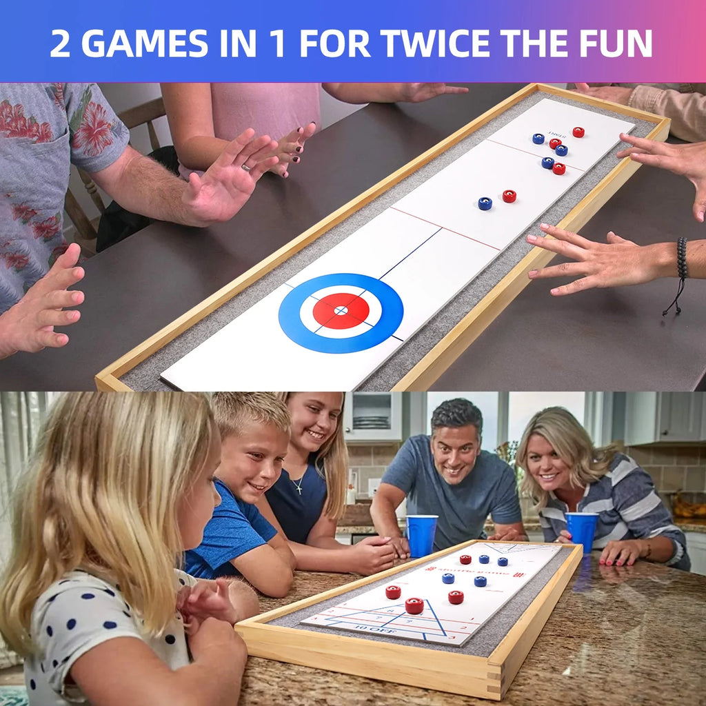 2-in-1 Solid Wood Mini Shuffleboard and Curling Tabletop Game Board Set with 8 Rollers E855