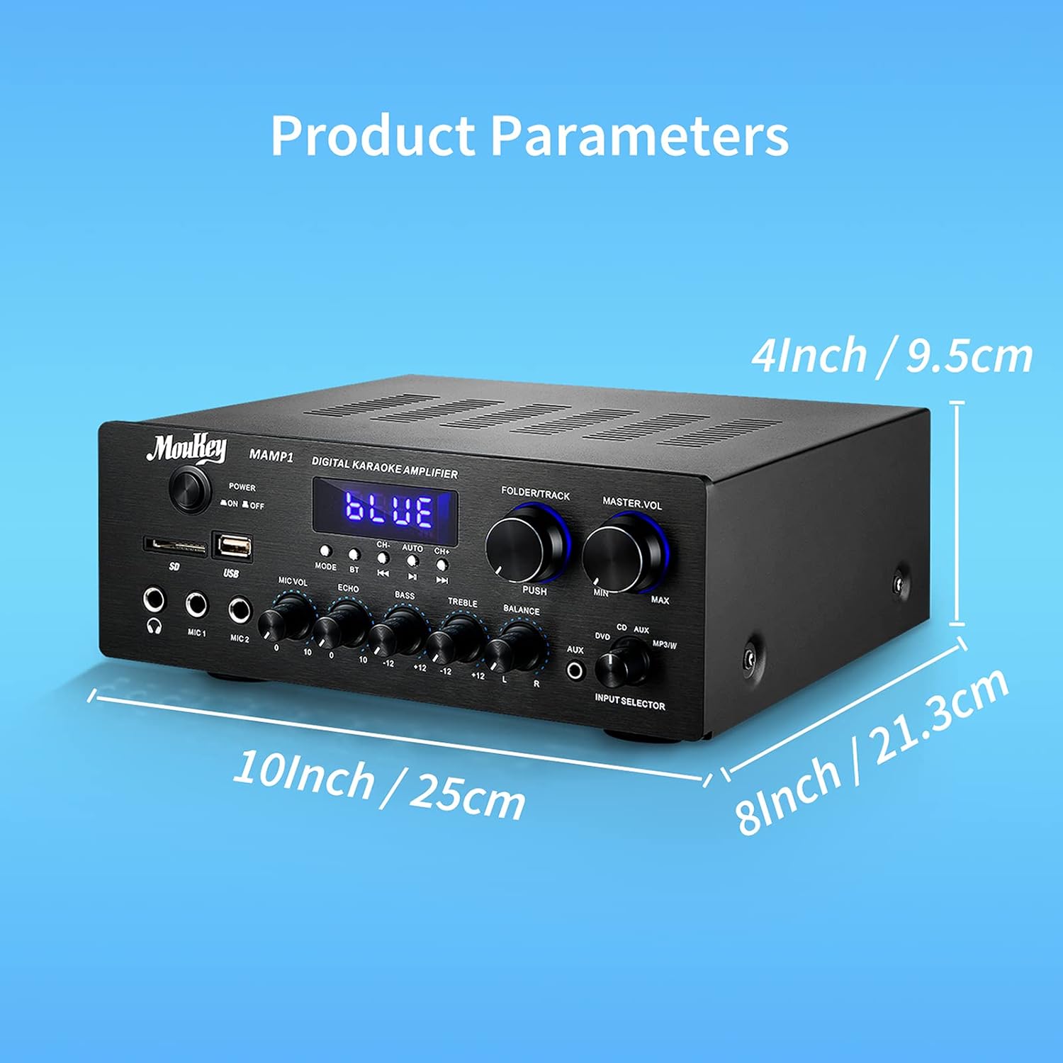 220W 2 Channel Bluetooth Power Amplifier with USB, SD, AUX, MIC, Echo, LED, RCA H77054