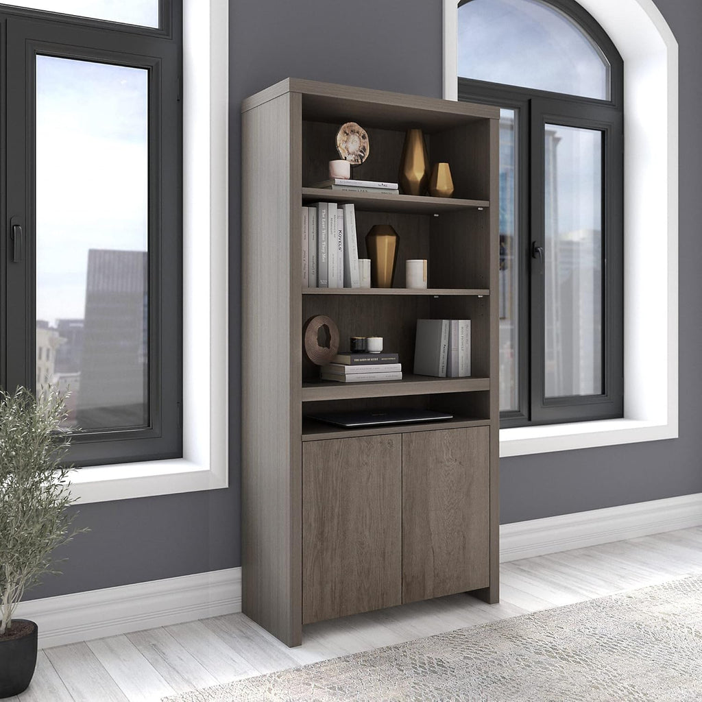 Tall 6 Shelf Bookcase with Doors in Restored Gray X14300