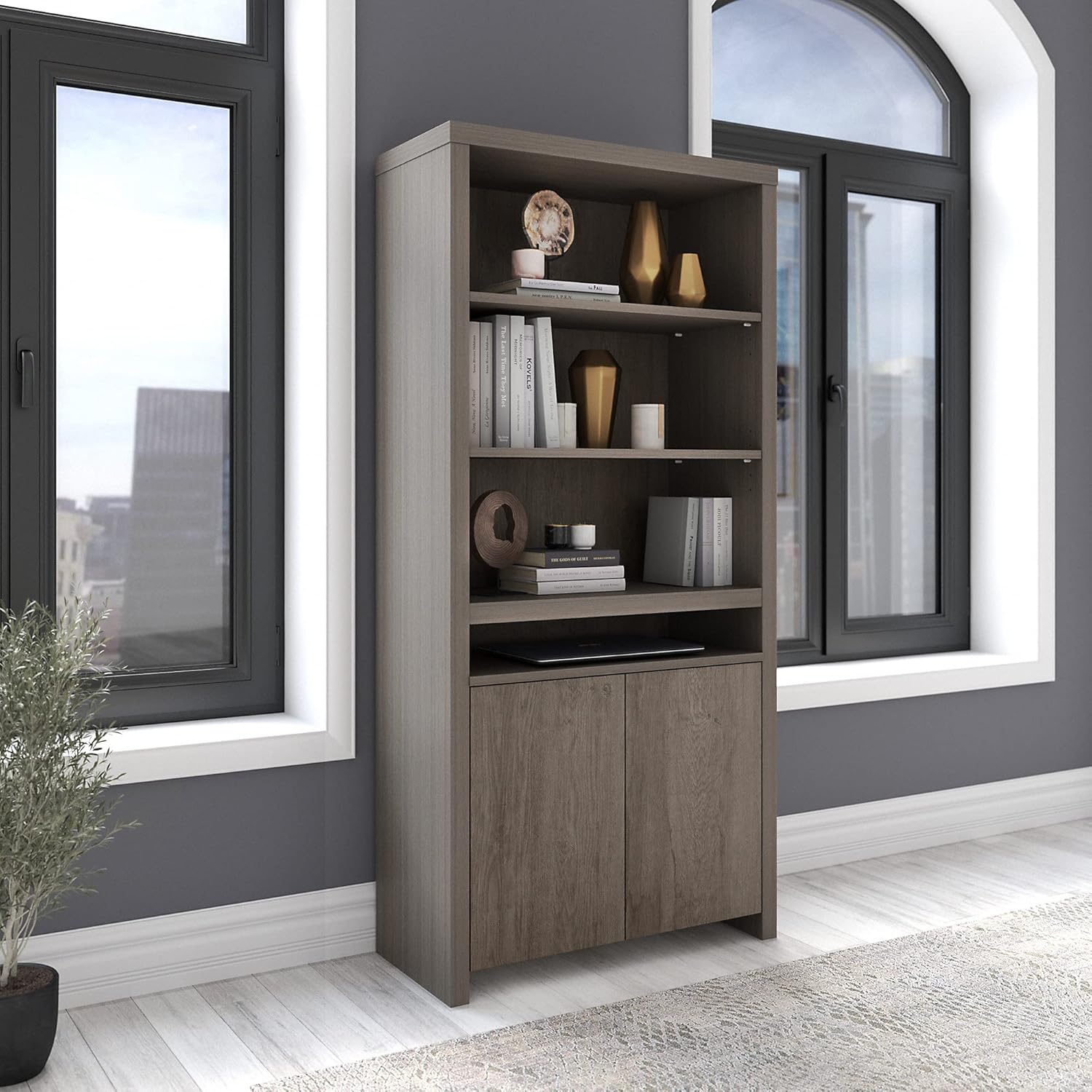 Tall 6 Shelf Bookcase with Doors in Restored Gray X14300