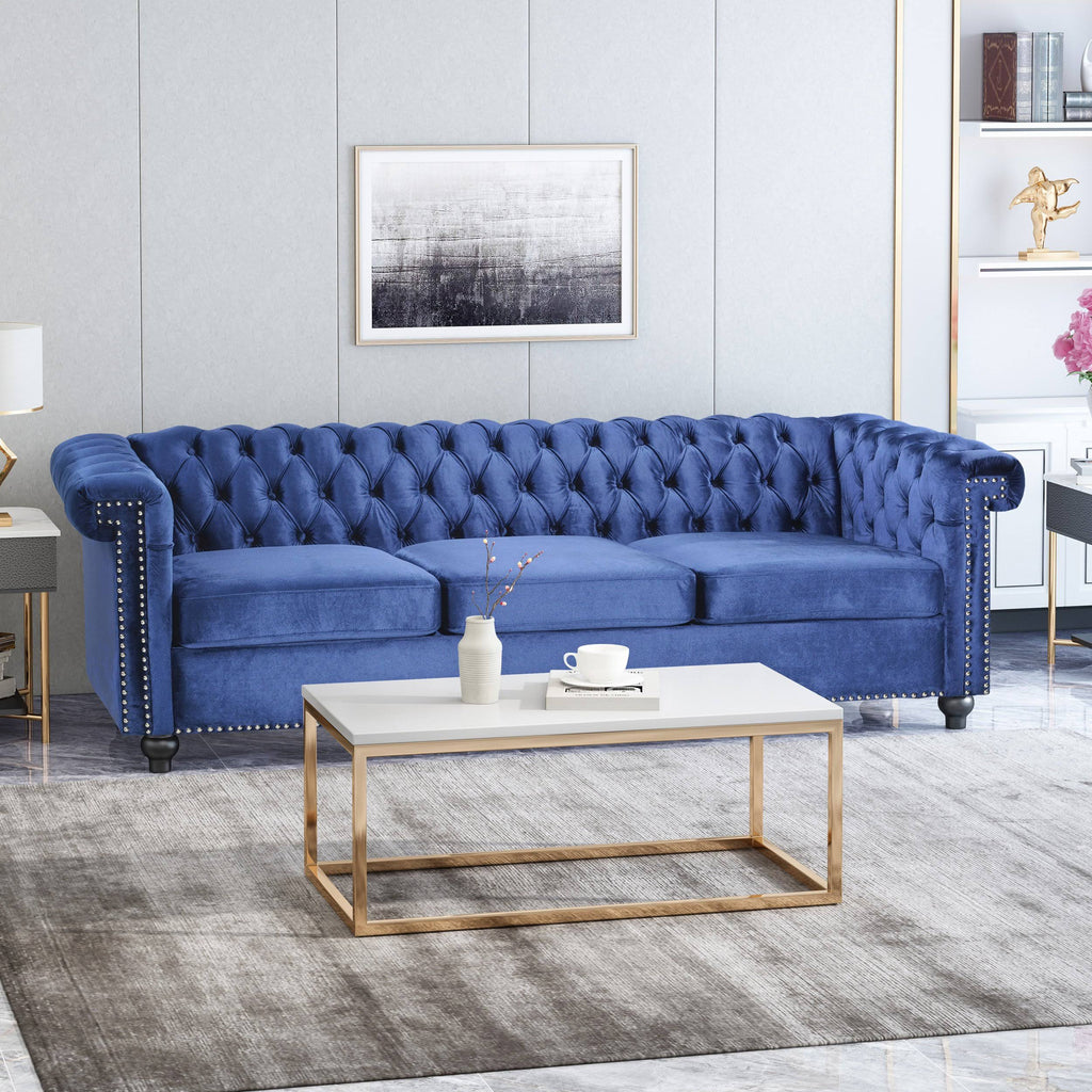 Midnight Blue Velvet Tufted 3 Seater Sofa T195815