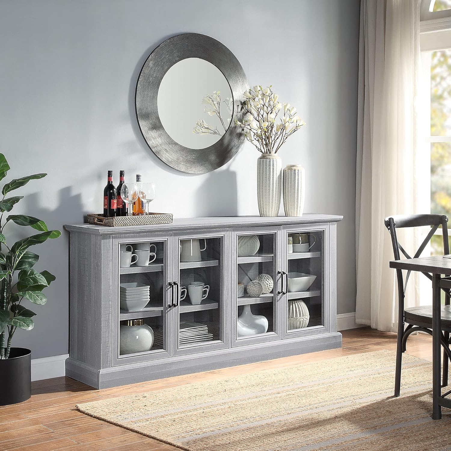 Rustic Grey Wood Sideboard Buffet with Storage Cabinet, Glass Doors, and Adjustable Shelves Z583
