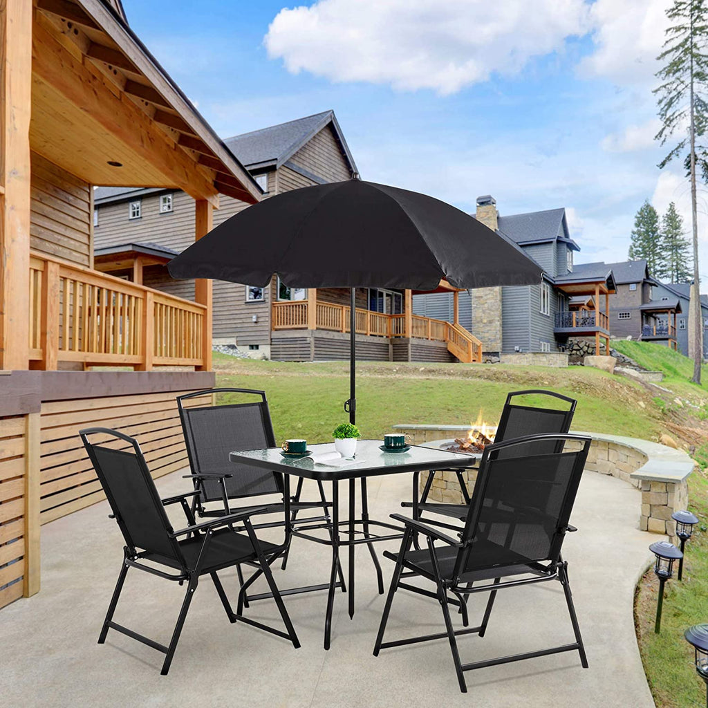 6 Piece Patio Dining Set with Umbrella, 4 Folding Chairs, Tempered Glass Top Dining Table Black X947873