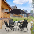 6 Piece Patio Dining Set with Umbrella, 4 Folding Chairs, Tempered Glass Top Dining Table Black X947873