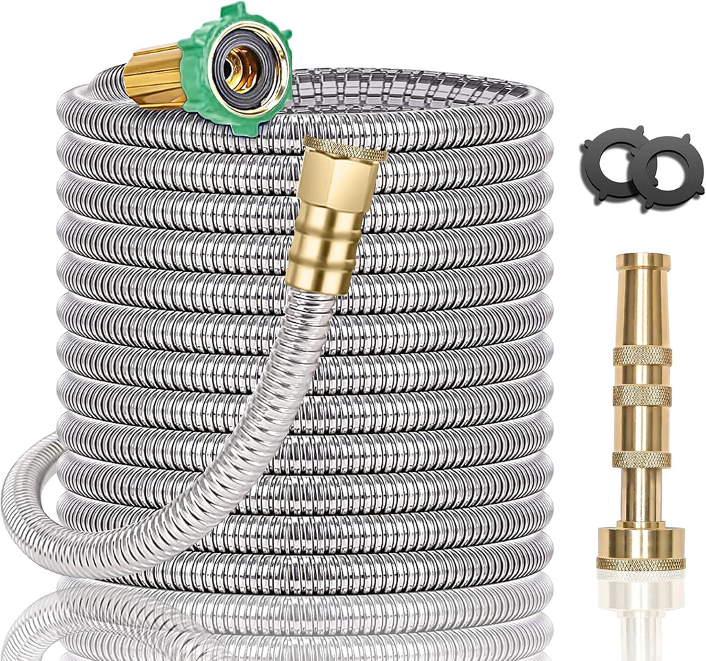 Steel Metal Garden Hose 100FT Heavy Duty Lightweight 304 Stainless Steel Water Hose with Brass Nozzle, Silver Pack of 2 V44908