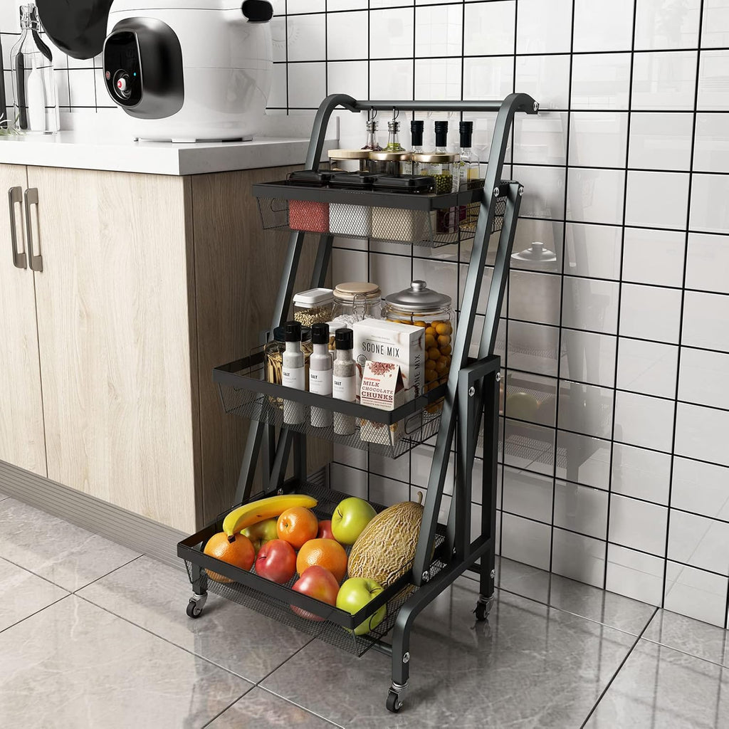 3 Tier Rolling Utility Cart with Wheels, Metal Wire Baskets, Black F5083