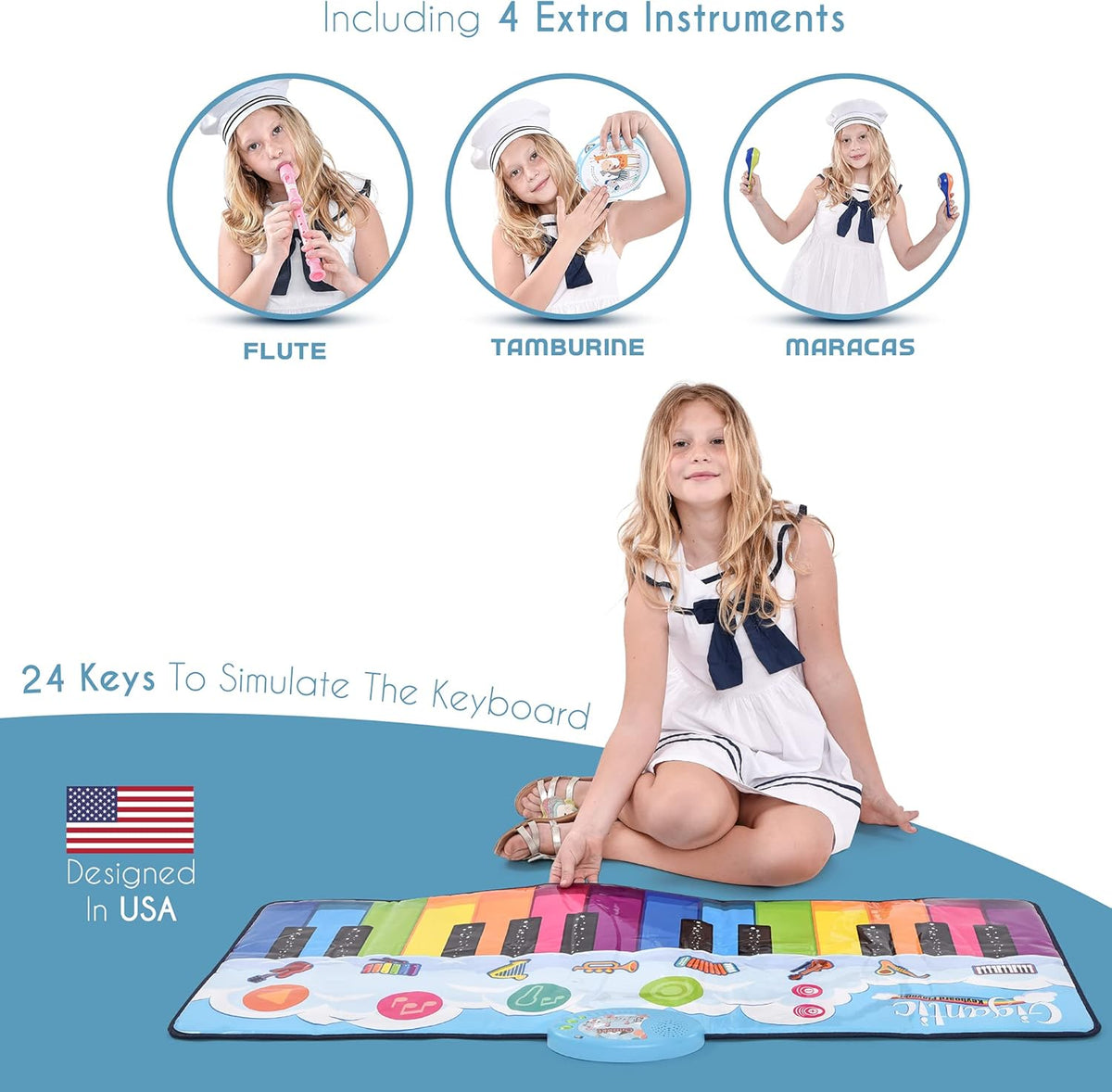 Floor Piano Mat – 24 Keys, 8 Inbuilt Sounds, with 2 Maracas, Tambourine, and Flute S10342