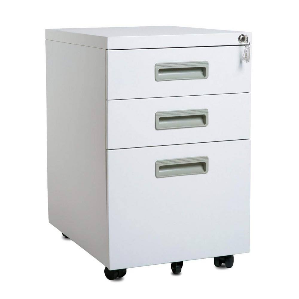 3-Drawer White Metal File Cabinet with Keys W92137